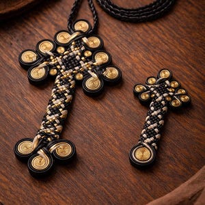 May include: A black, white, and gold cross pendant necklace and a smaller matching cross. The crosses are intricately woven with a braided design and gold accents. The necklace cord is black and braided. The items rest on a wooden surface.