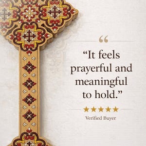 May include: Wooden cross with intricate floral and cross designs in red, yellow, and brown. The text reads, "It feels prayerful and meaningful to hold." A verified buyer rating is also shown.