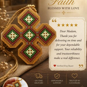 May include: Handmade Coptic cross from Egypt. The wooden cross features a detailed embroidered design in red, green, and white. The cross is a symbol of faith and blessing. The image includes text that says "Handmade with Faith".