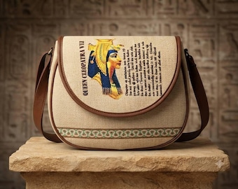 Handmade Egyptian Linen Crossbody Bag – Ancient Egyptian Pharaoh Art Shoulder Bag, Leather Strap, Souvenir Gift from Egypt
