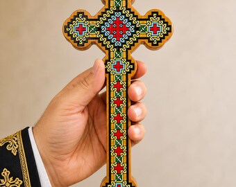手作りのブナ材コプト十字架 - 伝統的なユタアートデザイン - キリスト教の宗教的な室内装飾