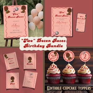 Two Dozen Roses Birthday Bundle, Girl Second Birthday Decorations, Girl Second Birthday Theme, Two Dozen Roses Invite, Two Dozen Roses Sign