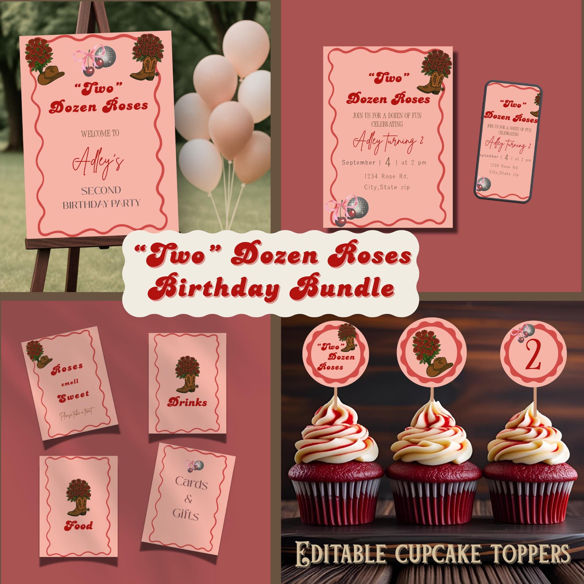 Two Dozen Roses Birthday Bundle, Girl Second Birthday Decorations, Girl Second Birthday Theme, Two Dozen Roses Invite, Two Dozen Roses Sign