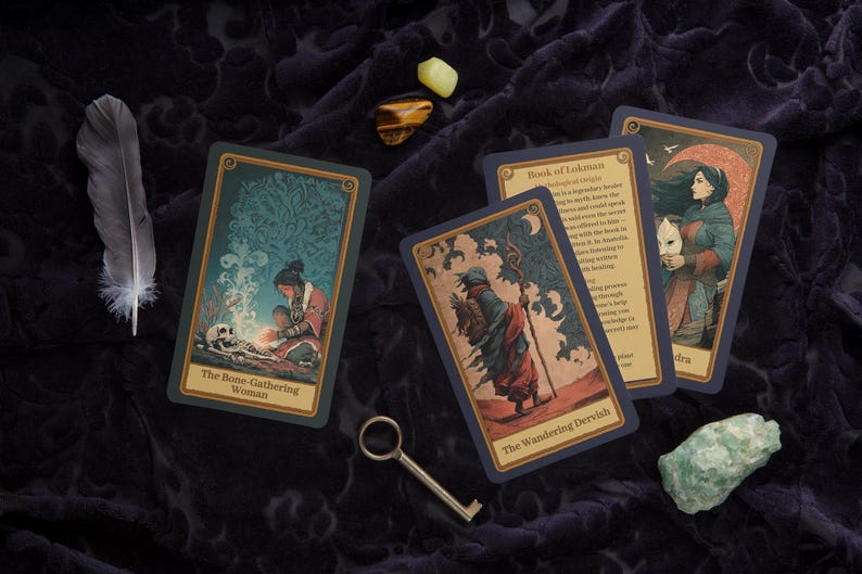 Peut inclure: Plusieurs cartes de tarot avec des illustrations et du texte, dont "The Bone Gathering Woman" et "The Wandering Dervish". Une plume, une cl&eacute; et des cristaux sont dispos&eacute;s sur une surface sombre et textur&eacute;e. Les cartes ont des bordures bleues et des illustrations vintage.