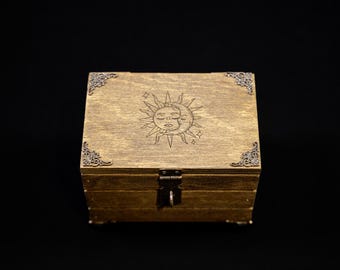 Tarot Card Storage Box - Wooden Tarot Box with Sun & Moon - Gothic Witchy Divination Chest - Fits Tarot Deck Box