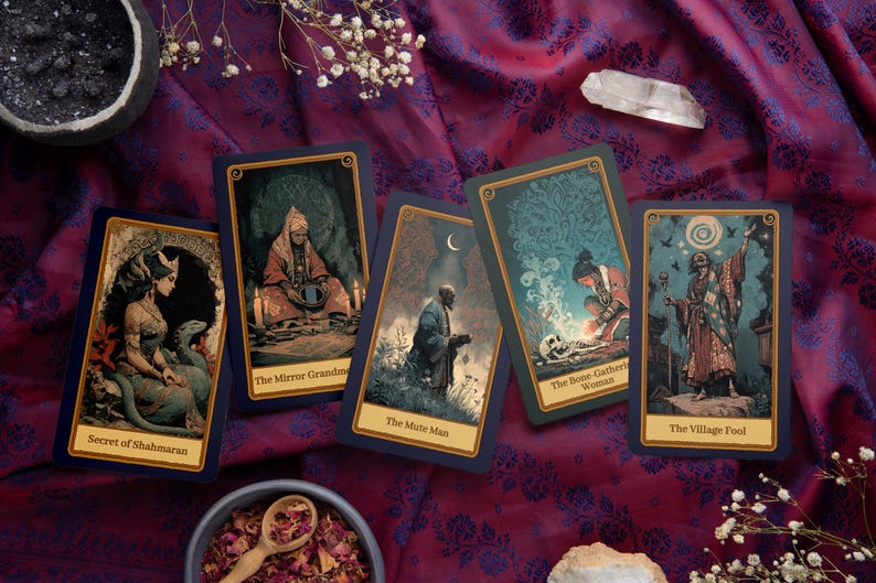 Peut inclure: Un ensemble de cartes de tarot avec des illustrations et du texte. Les cartes pr&eacute;sentent des figures et des sc&egrave;nes, notamment "Secret de Shahmaran", "The Mirror Grandma", "The Mute Man", "The Bone-Gathering Woman" et "The Village Fool". Les cartes sont sur une surface bordeaux &agrave; motifs.