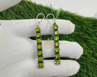 Peridot Earrings 925 Silver Plated Green Gemstone Long Linear Bar Dangle Drop