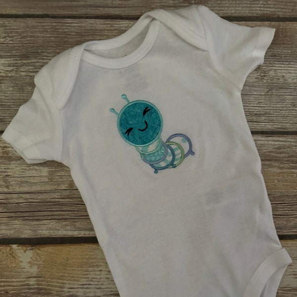 Ready to Ship/Embroidered/applique caterpillar 12 months baby bodysuit/turquoise 12 months t-shirt/short sleeved/cute bug/toddler shirt