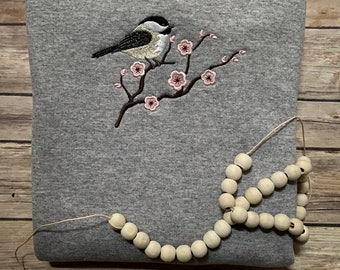 Embroidered Chickadee on cherry blossom branch sweatshirt/cherry blossom branch/gift ideas/Christmas/bird