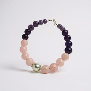 Faceted Amethyst & Rose Quartz Bracelet with Water Pearl | 925 Sterling Silver Locks | Handmade Crystal Jewelry