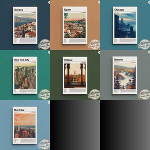 Vintage poster retro city country- greece- spain- chicago- new york- city- ottawa- ontario- montréal -Waterproof Excellent texture canvas