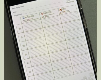 May include: A smartphone screen displaying a digital planner with sections for work/study, home/private, and horse-related activities. The planner has a weekly layout and includes the text "PaardenPlanner" and Dutch words.