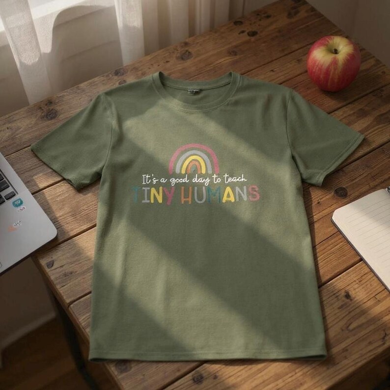 May include: Olive green t-shirt with the text "It's a good day to teach TINY HUMANS" and a rainbow graphic. The shirt is displayed on a wooden surface, with an apple and a notebook nearby.