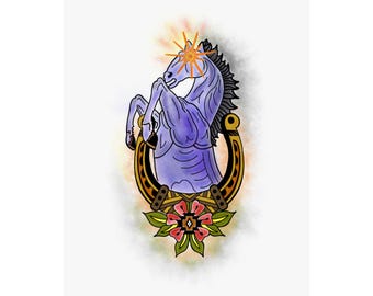 Blucifer Denver Bronco Horse Poster Matte Vertical Poster | Tattoo Art Denver International Airport Horse - Tattoo Style Wall Art Poster
