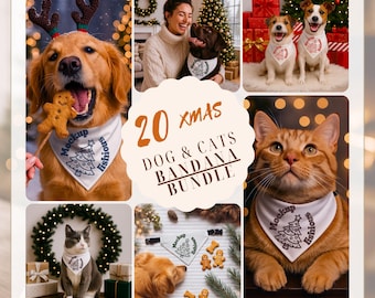 Julmockuppaket: Bandanahalsband för husdjur från Printify. Dra-och-släpp-mall i Canva, PSD + lager. Presenter för hund- och kattälskare