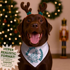 May include: A chocolate Labrador Retriever wearing a reindeer antler headband and a white bandana. The bandana has a teal Christmas tree design and the words "Mockup Fishious". The dog is smiling with its tongue out.