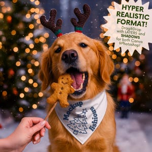 May include: A golden retriever wearing reindeer antlers and a white bandana with a Christmas tree design, holding a gingerbread man cookie. The image has text that says "HYPER REALISTIC FORMAT!" and "Mockup lishious".