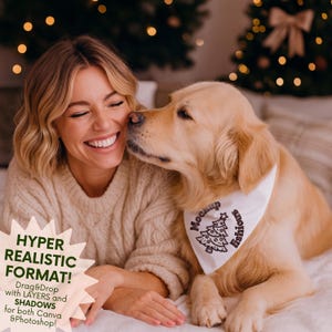 May include: A woman smiles while being nuzzled by a golden retriever. The dog wears a white bandana with a Christmas tree design and the text "Mockup Fishious". The image also includes the text "HYPER REALISTIC FORMAT! Drag&Drop with LAYERS and SHADOWS for both Canva & Photoshop!"