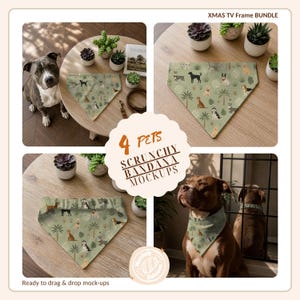 May include: A digital bundle of four pet bandana mockups featuring a sage green fabric with a repeating pattern of various dog breeds and palm trees. The text reads XMAS TV Frame BUNDLE and 4 PETS SCRUNCHY BANDANA MOCKUPS. Includes images of dogs wearing the bandanas.