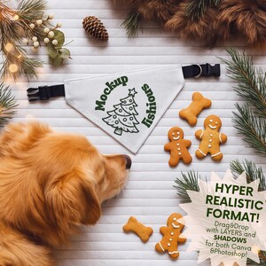 May include: A white dog bandana with a Christmas tree design and the text "Mockup lishious". The image also features gingerbread cookies, a dog collar, and pine branches. The text "HYPER REALISTIC FORMAT!" is also visible.
