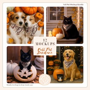 May include: A mockup bundle featuring pets with fall-themed bandanas. The image includes dogs and cats with bandanas that have a jack-o'-lantern design. Pumpkins and fall foliage are also present. The text "Fall Pet Bandana" is visible.