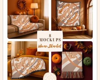 Woven Blanket Mockup Bundle Fall Woven Blanket Mockup Canva POD Gooten Woven Blanket Mockup Printify Jacquard Fringe Blanket PSD Woven Throw