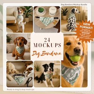 May include: A mockup bundle of 24 dog bandanas. The image displays dogs wearing bandanas with a "Mock Fishious" design. The bandanas are in various styles and colours, with the text "Dog Bandana" and "Mockups" also visible. The image also includes the text "New Format!"
