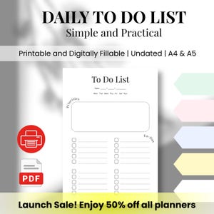 Daily Printable To Do List, Digital Download, Printable Planner, Weekly Planner, Undated Planner, Checklist, Weekly Task Organizer, A5/A4