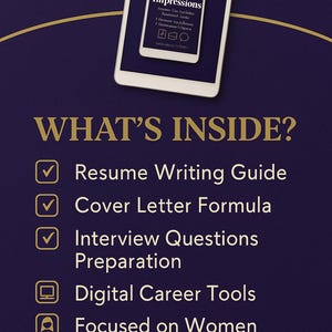 Puede incluir: Gráfico digital promocionando una guía de carrera. La imagen presenta una tableta y un teléfono que muestran "First Impressions" y enumera la redacción de currículums, cartas de presentación y preparación para entrevistas. El texto incluye "Digital Career Tools" y "Focused on Women Entrepreneurs."