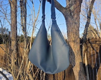 Genuine Stone Blue Italian Leather Oversized Hobo Bag