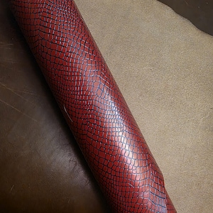 May include: A rolled sheet of material featuring a vibrant red surface with a dark, embossed crocodile skin texture. The material displays a glossy finish on the patterned side, while the reverse side shows a light tan, matte, and textured surface.