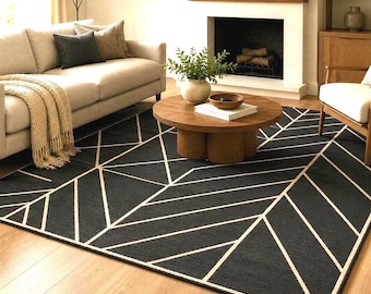 Hand Tufted Geometric Wool Rug | Modern Black Area Carpet for Living Room