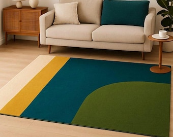 Hand Tufted Geometric Area Rug – Teal, Mustard, Green Colour Block, Mid-Century Modern Décor