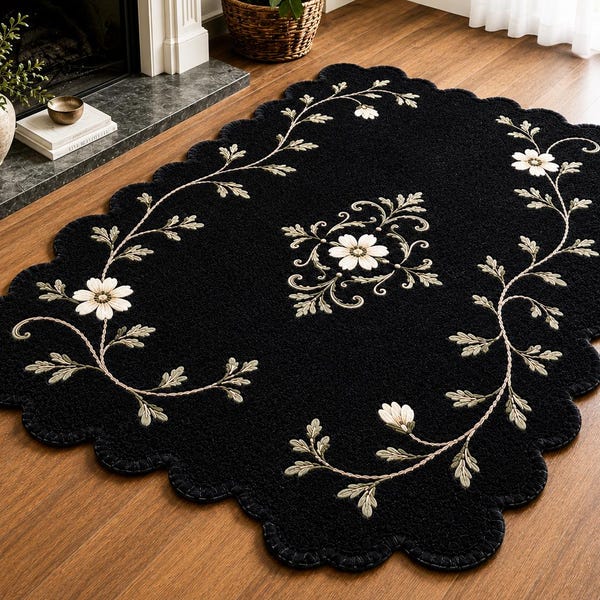 Alfombra de lana negra con estampado floral, tejida a mano – Decoración botánica con borde festoneado