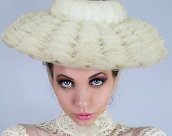 50s Vintage Tulle Wide Brim Portrait Hat Woven Wedding Hat Natural // Accessories by TatiTati Style