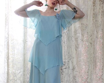 60s KERCHIEF Tiered Maxi Dress Ice Blue Mod Festival Vintage Layered Cocktail Dress // TatiTati Style on Etsy