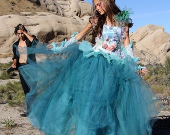 Fairy Teal Green Tulle Ball Gown Prom Dress 3d Floral Applique Evening Gown Wedding VOLUMINOUS Formal Layered Gala Gown // Tatiana Andrade