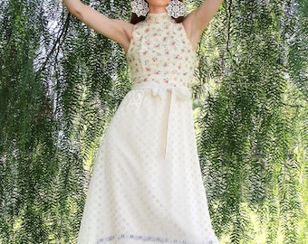 Floral Maxi Dress LAYERED EYELET LACE Vanilla color w Multicolor Ribbon Underskirt // TatiTati Style