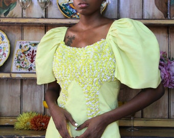 Floral Maxi Yellow Dress Etsy Design Awards Finalist Upcycled PUFF Sleeves Filipiniana Barong Talalog Ceremonial Gown // Tatiana Andrade