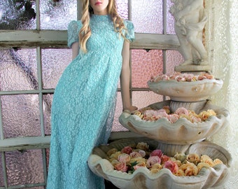 60s MOD LACE Dress Poof Sleeves Vintage Aquamarine Baby Doll Midi / TatiTati Style