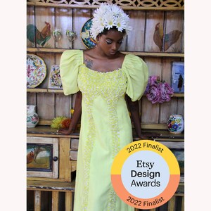 Floral Maxi Yellow Dress Etsy Design Awards Finalist Upcycled PUFF Sleeves Filipiniana Barong Talalog Ceremonial Gown // Tatiana Andrade image 2