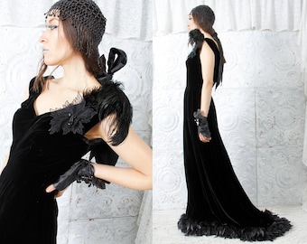 30s Silk Velvet Ostrich Feathers Gown Great Gatsby Antique LUSH Edwardian Black Vintage Warner Brothers Dress / TatiTati Style