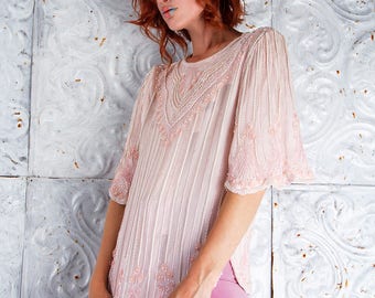 SILK Art Deco Pink PEARL Top VINTAGE Blouse Rosette Chrystal Beading // Bell Sleeves  //  TatiTati Style on Etsy