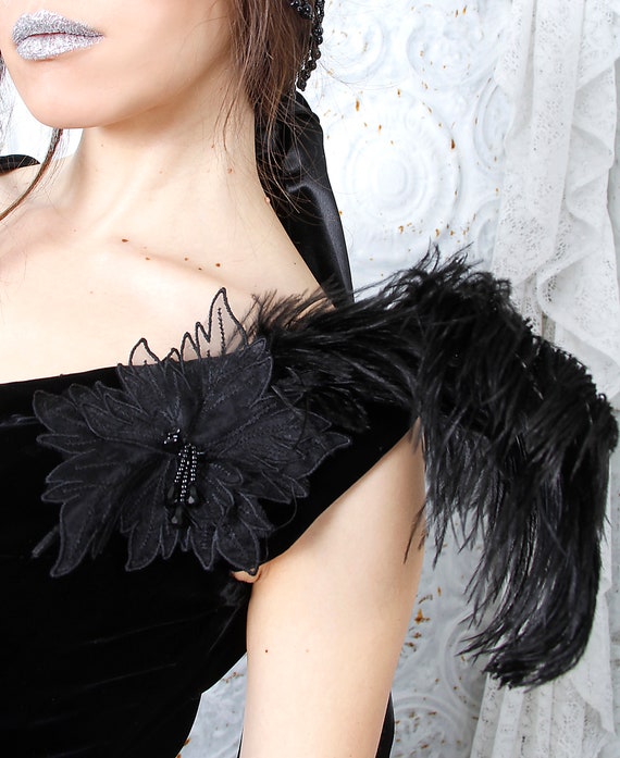 30s Silk Velvet Ostrich Feathers Gown Great Gatsb… - image 7