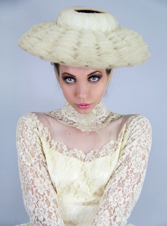 50s Vintage Tulle Wide Brim Portrait Hat Woven Wed