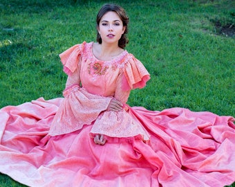 Revived Bell Sleeves Vintage Princess Gown Dress Coral Ombre Lace Tulle Pearls Crystals  / Designs by Tatiana Andrade