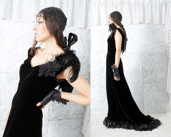 30s Silk Velvet Ostrich Feathers Gown Great Gatsb… - image 1