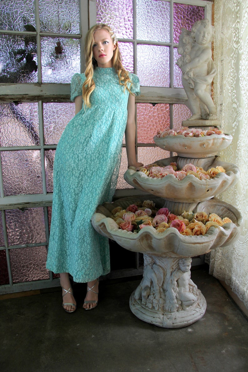 Bunte 60er Jahre Vintage LACE Kleid Poof Sleeves Turquoise ...