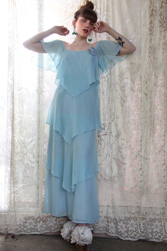 60s KERCHIEF Tiered Maxi Dress Ice Blue Mod Festiv