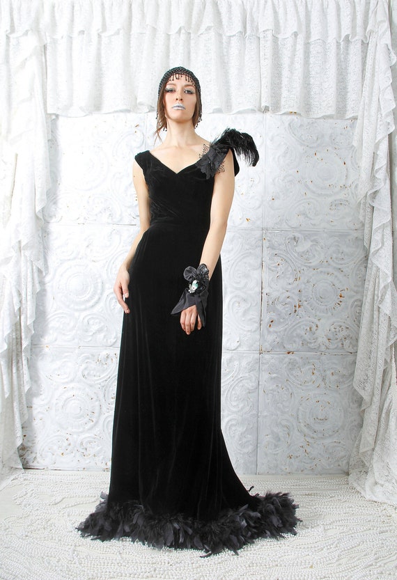 30s Silk Velvet Ostrich Feathers Gown Great Gatsb… - image 3